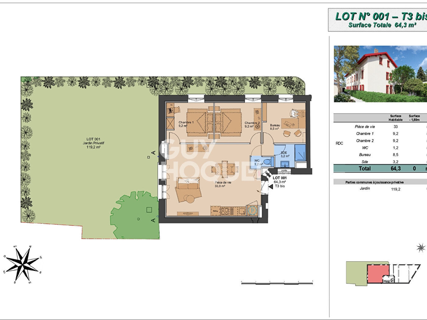 Montchat - Appartement T3 bis en rez-de-jardin (Plateau à aménager), proximité parc Bazin, Lyon 3ème (69003)