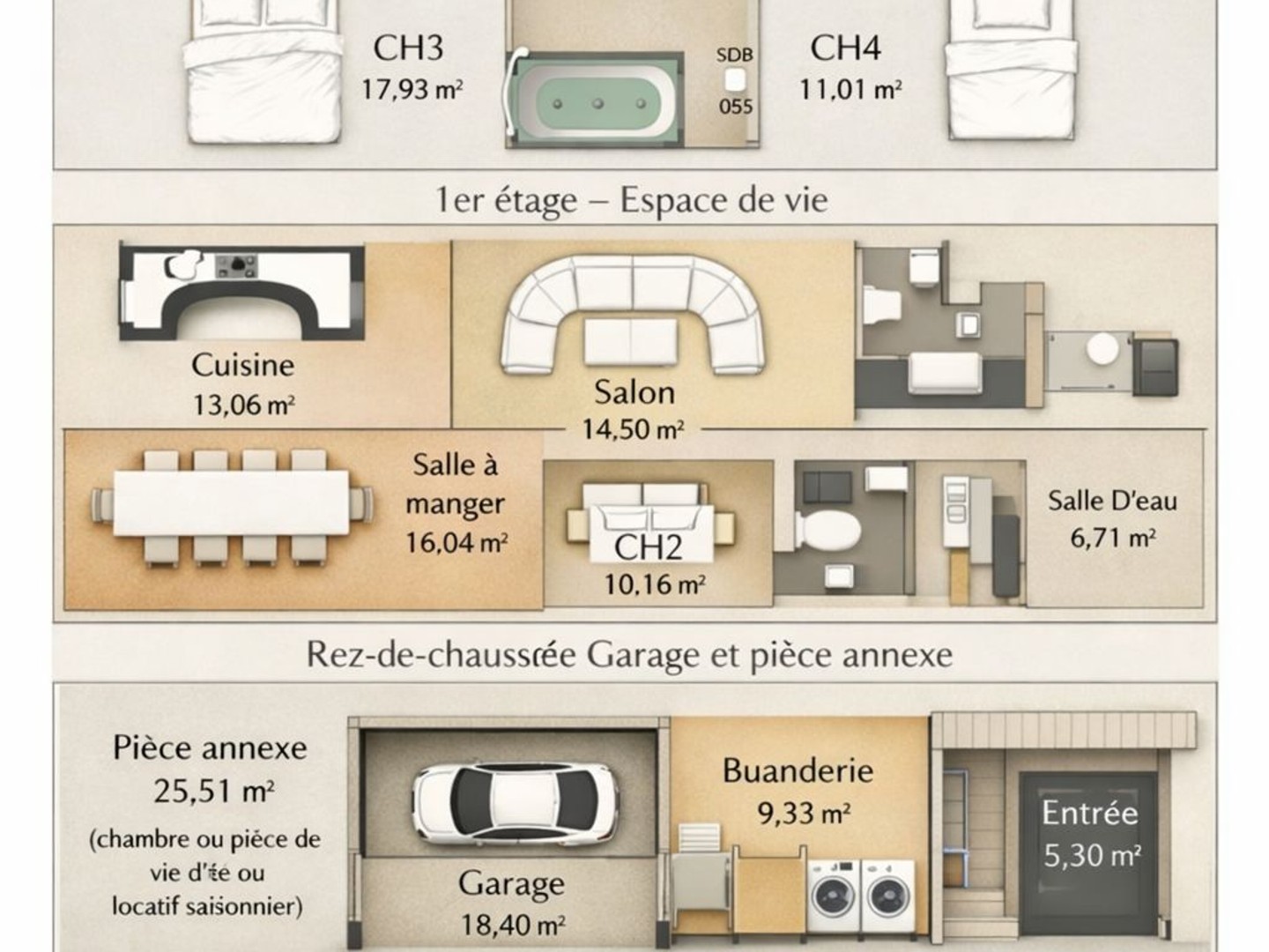 Maison quartier St-Michel sur 3 niveaux
